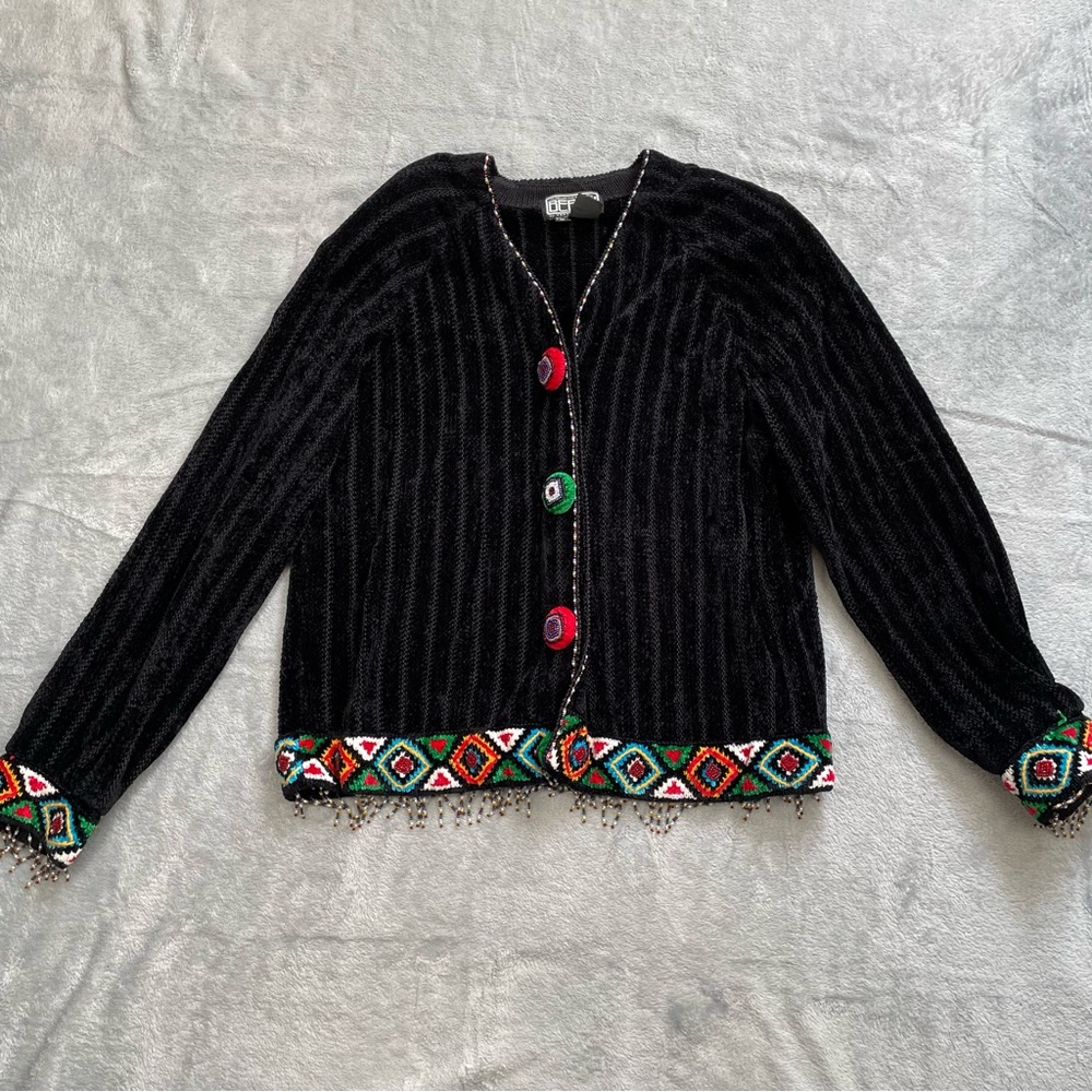 Berek Cardigan Sweater Medium Beaded Fringe Aztec Native American‎ Southwest